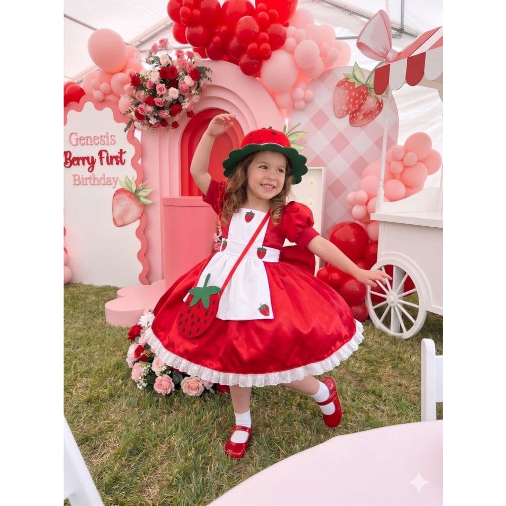Vestido Fantasia Princesa Vermelho Moranguinho Luxo com chapéu e bolsa