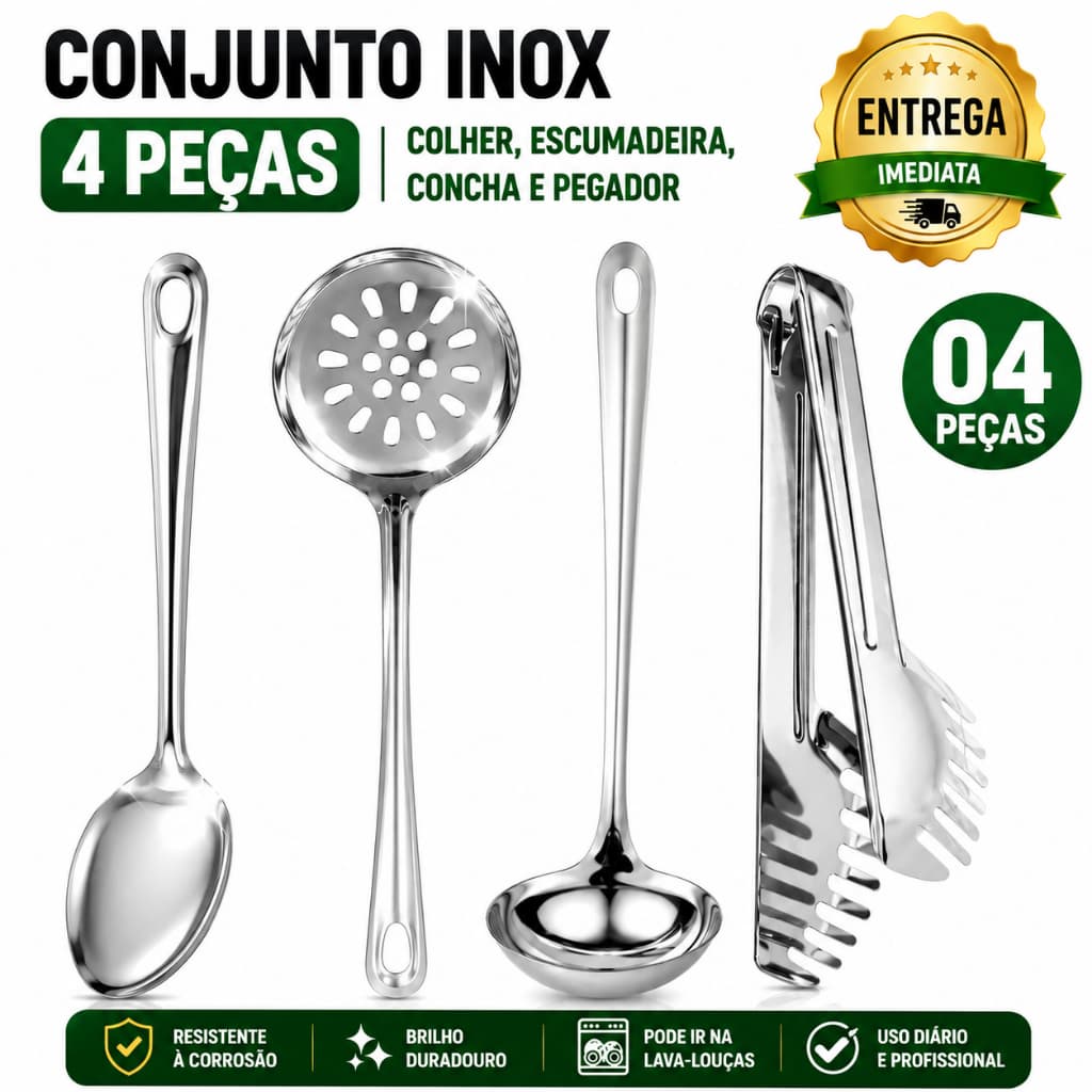 Kit 4 Peças Inox Premium Profissional Colher de Arroz Concha Escumadeira Pegador de Saladas e Massas Cozinha Restaurante