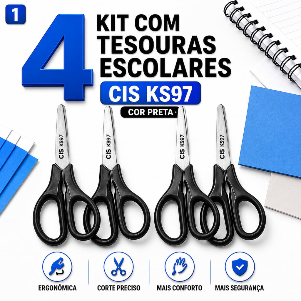 Kit com 4 Tesouras Escolar Infantil Sem Ponta KS 97 Cis