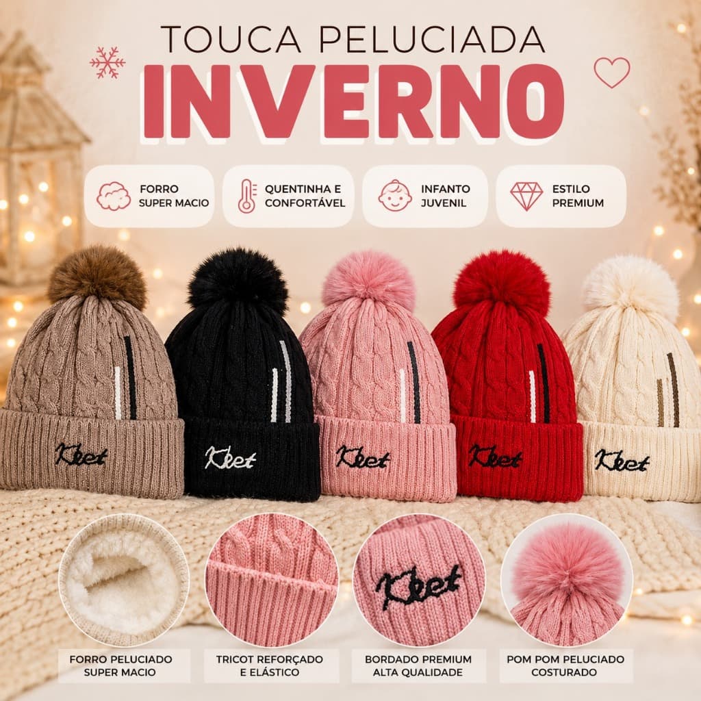 Touca Peluciada Forrada Juvenil Inverno Quentinha Macia Tricot Premium