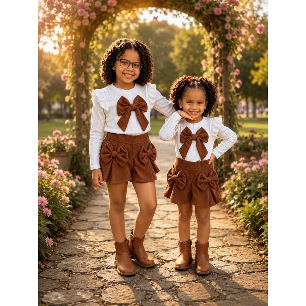 🌸 Conjunto Infantil Charmoso Laços Encantador , conjunto infantil menina delicado ,conjunto de veludo shorte saia.