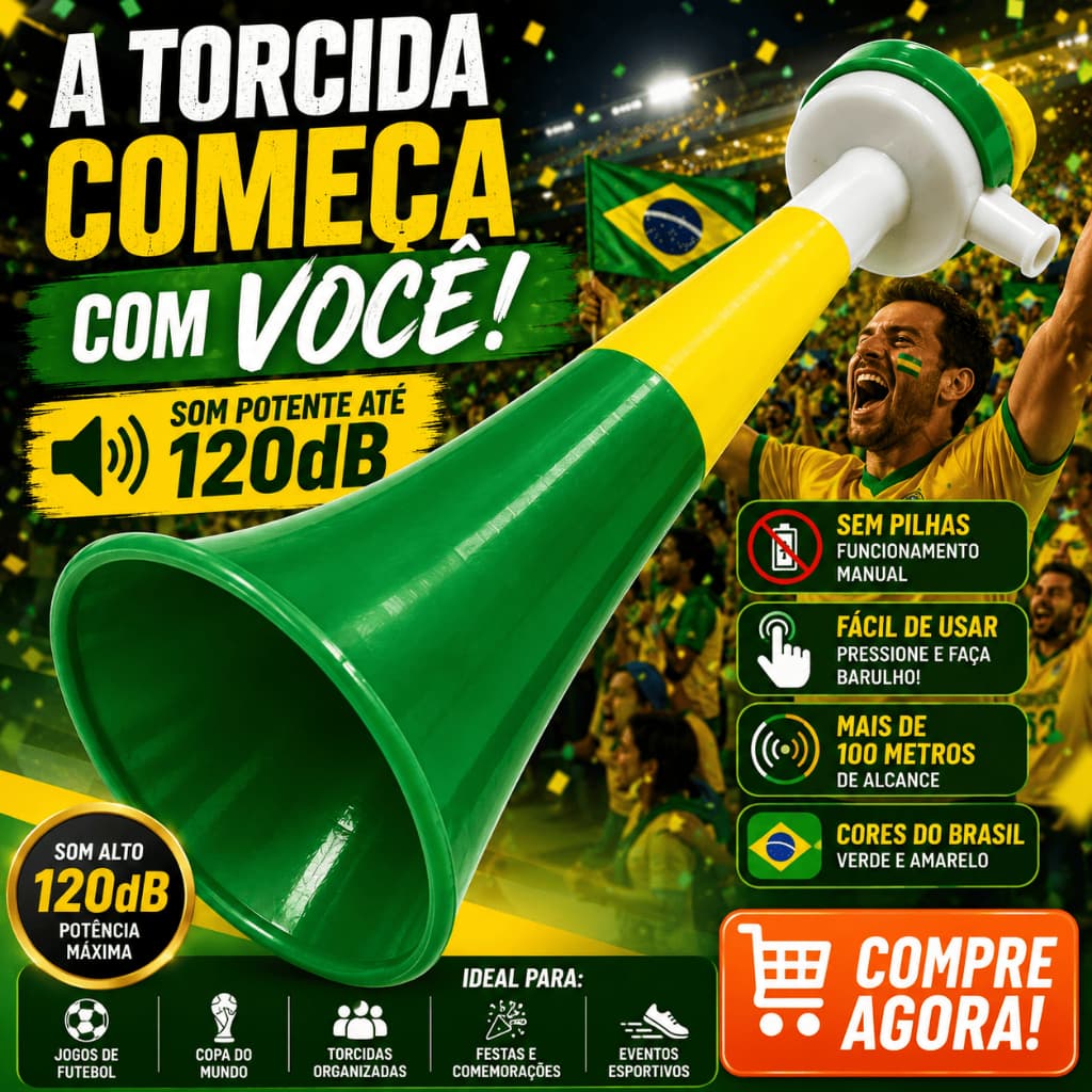 Corneta Torcida Brasil Buzina Manual Verde Amarela Som Alto 120dB Futebol Copa Festa
