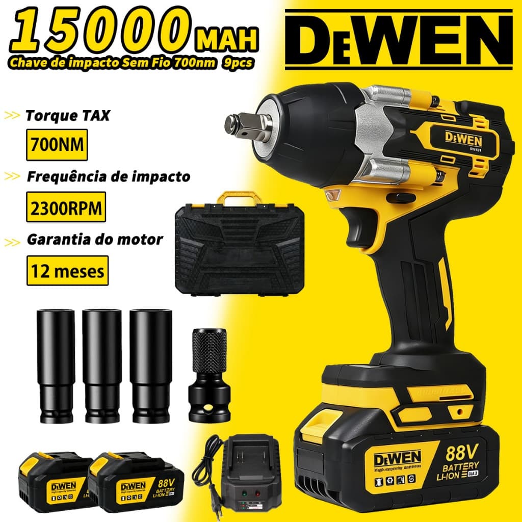 Chave de impacto Sem Fio 700nm sem escova com 2 baterias 88v Com Maleta e Acessórios (127v/220v )