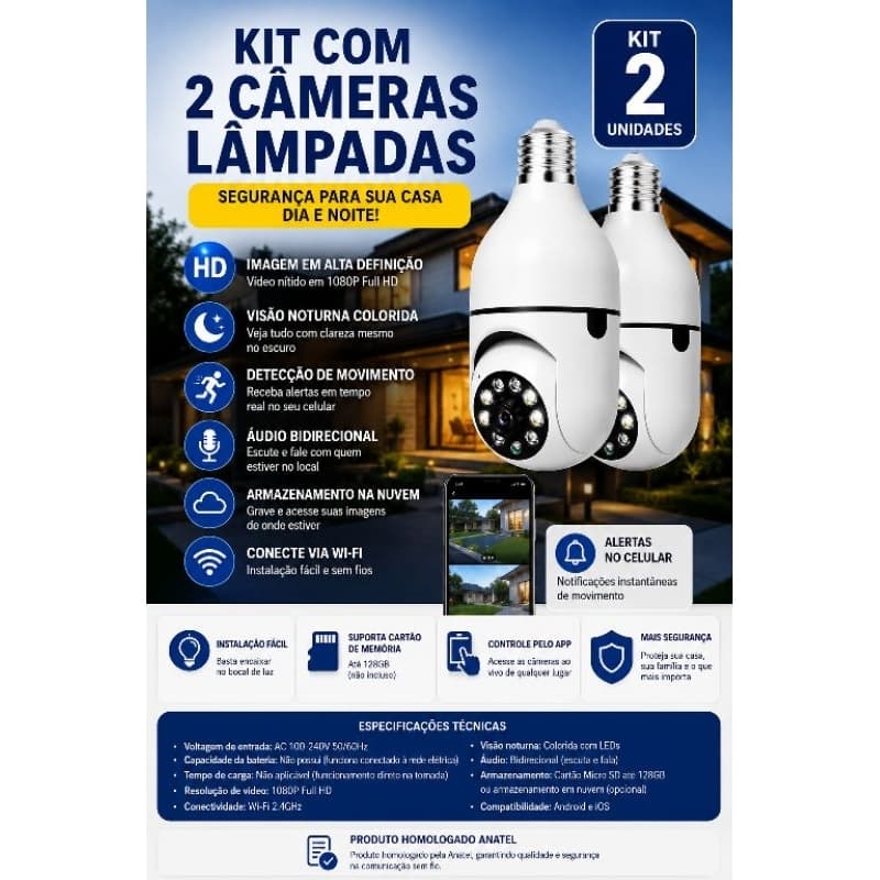 Kit 2 Câmera Lâmpada de Seurança Vigilância IP Wi-Fi 360° Visão Noturna Audio Are Interna/Externa Full HD.