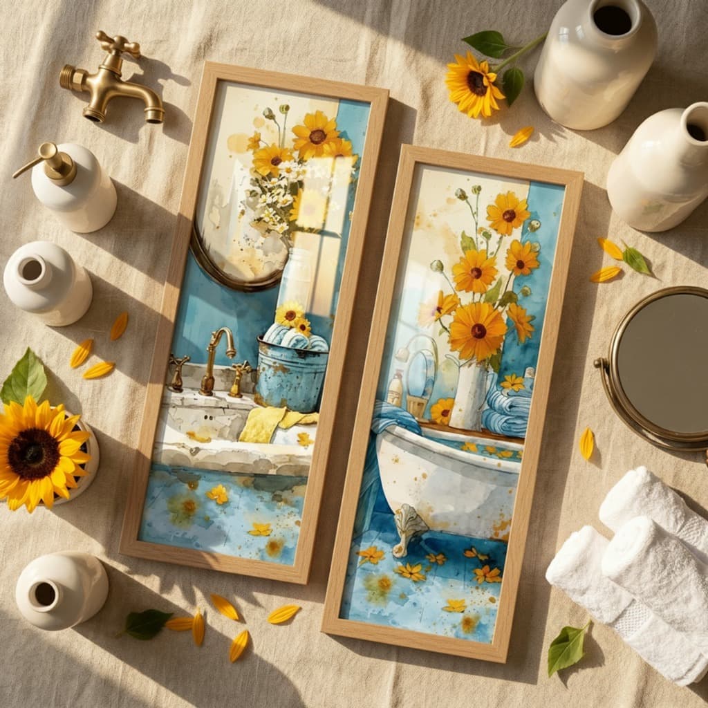 Quadros Decorativos para Banheiro Kit 2 Girassóis Vintage 18x45 Lavabo Aquarela Moldura Vidro Pixer