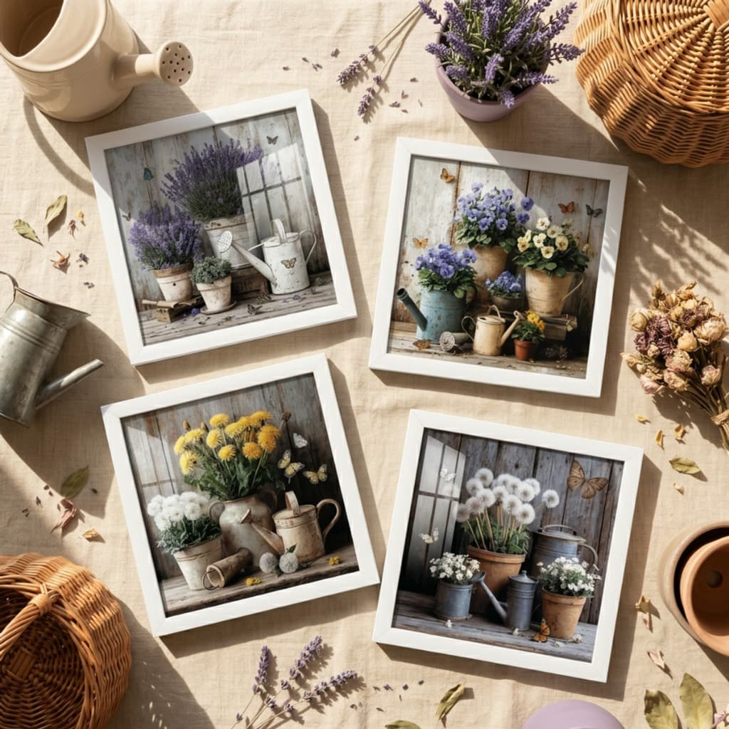 Quadros Decorativos Kit 4 Flores Borboletas Rústico 18x18 Campestre Sala Quarto Moldura Vidro Pixer