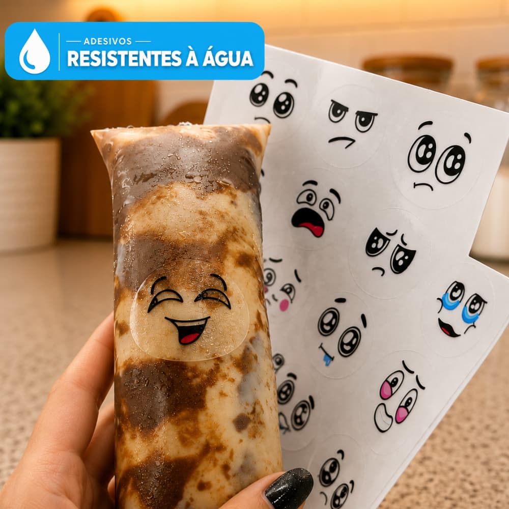 Kit Adesivos Carinhas Engraçadas Divertidas 100 unidades 3x2,5cm Para Geladinho Gelinho Sacolé Pudim
