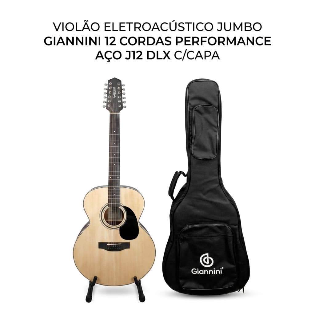 VIOLÃO ELETROACÚSTICO JUMBO GIANNINI 12 CORDAS PERFORMANCE AÇO J12 DLX C/CAPA