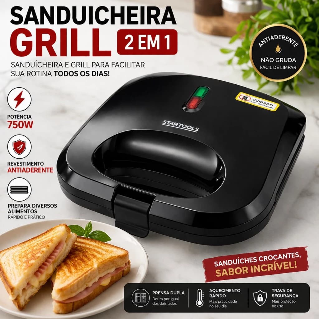 Sanduicheira Grill Elétrica 2 Em 1 Prensa Dupla Antiaderente 750w 127v Rápida Compacta