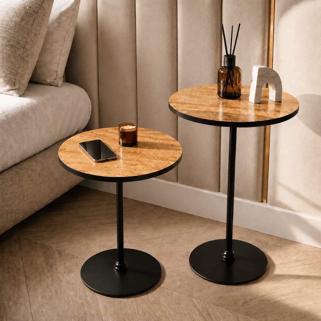Mesa de Cabeceira Canto Lateral Redonda Kit Duas Mesinhas de Apoio Decoração Quarto Estilo Industrial Minimalista