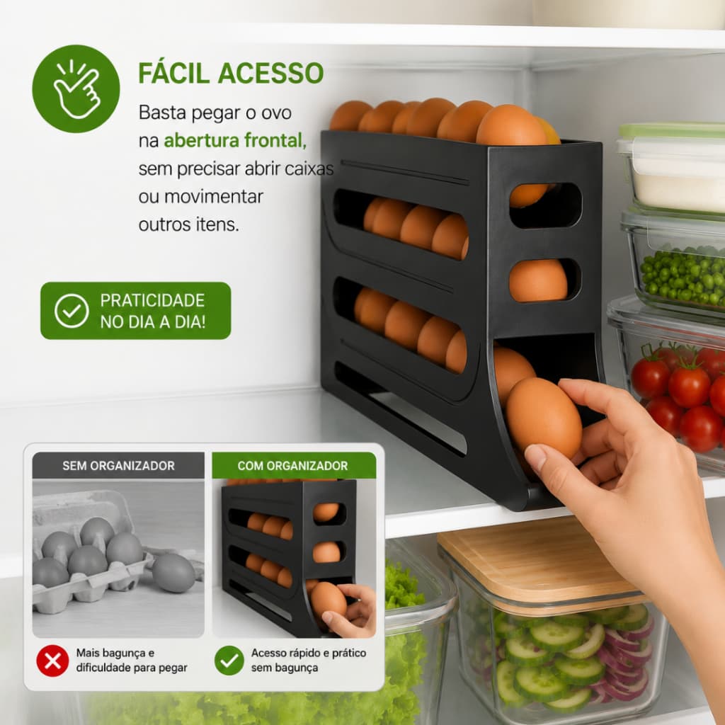 Organizador de Ovos Automático para 30 Ovos Dispenser Geladeira e Balcão Preto Economia de Espaço