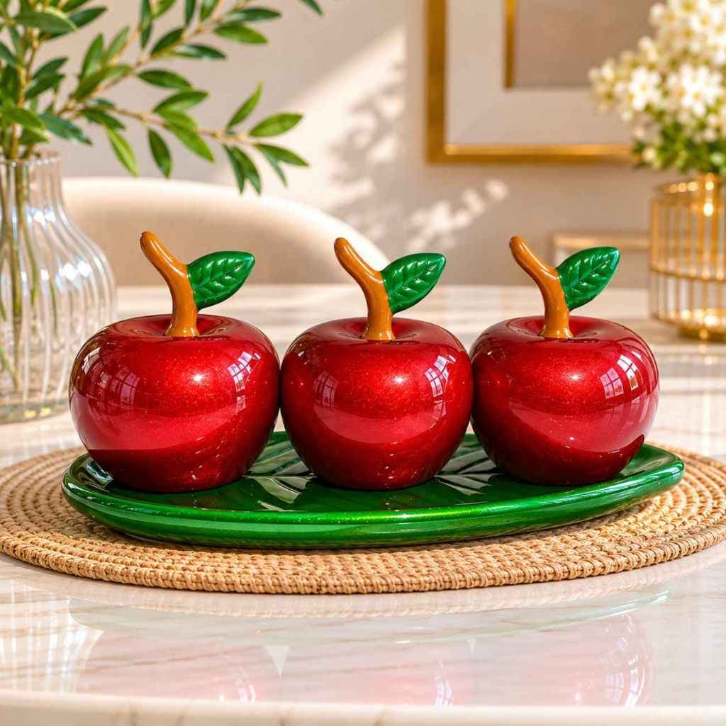 Kit 3 Maçãs Decorativas em Cerâmica Vermelha com Bandeja Folha
