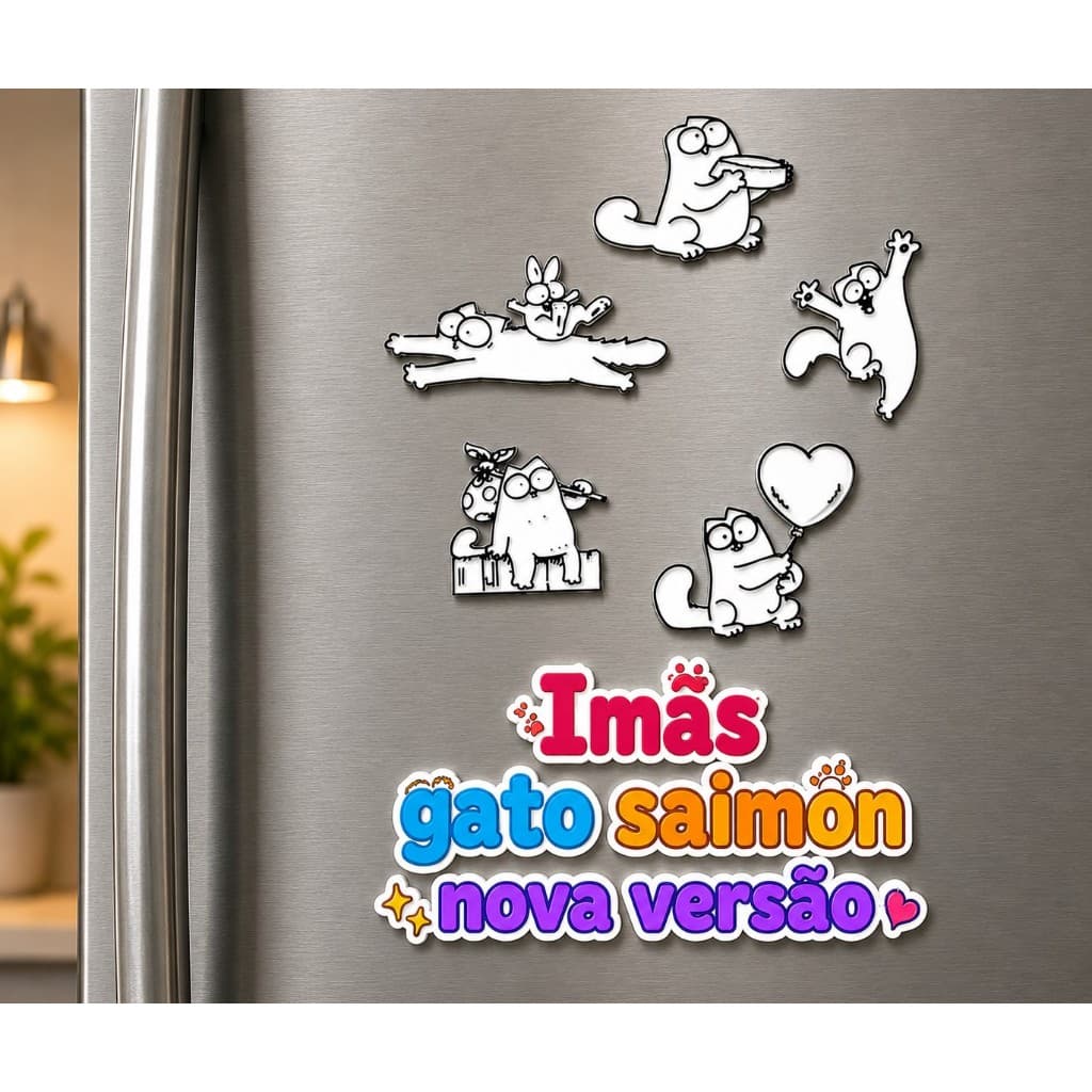 Imã de Geladeira Gatos saimon nova versão com 5 imãs fofinhos para pet shop, mãe de pet, presentes