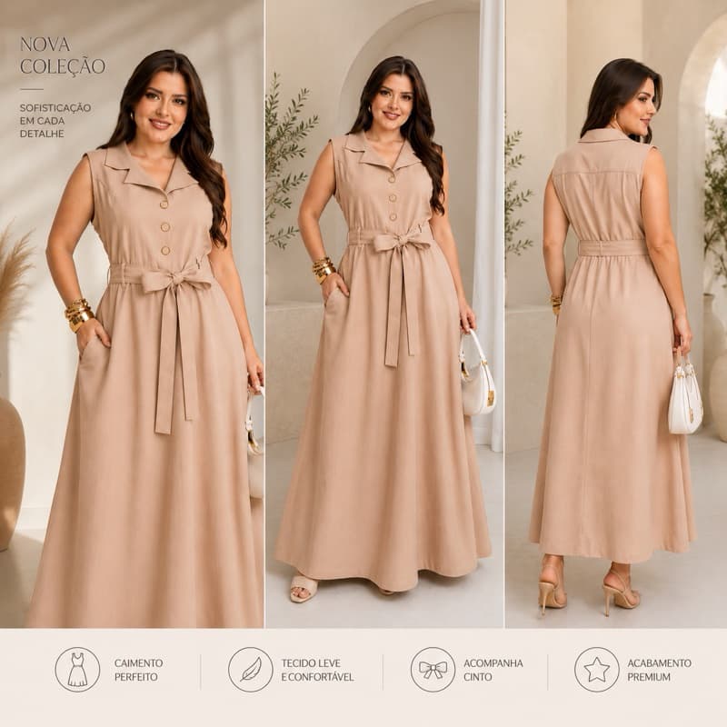 Vestido Midi Feminino Elegante Acinturado com Faixa Botões Moda Evangélica Social Casual Tendência 2026