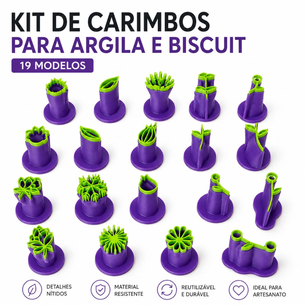 Kit 19 Carimbos Florais 3D para Argila e Biscuit | Moldes Cerâmica Artesanato | Texturas Flores Delicadas