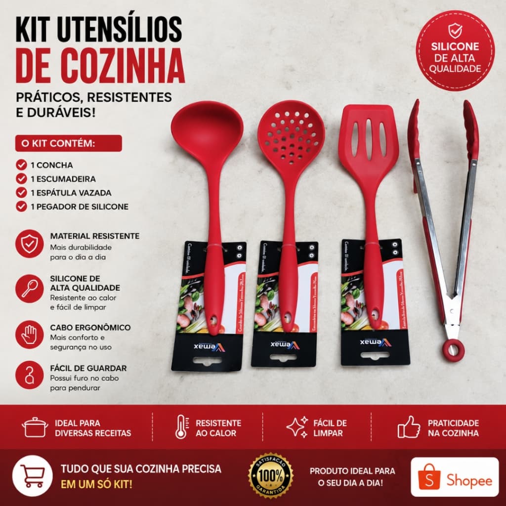 Kit Utensílios de Cozinha Silicone 4 Peças Concha Escumadeira Espátula Pegador Resistente ao Calor Não Risca Panelas