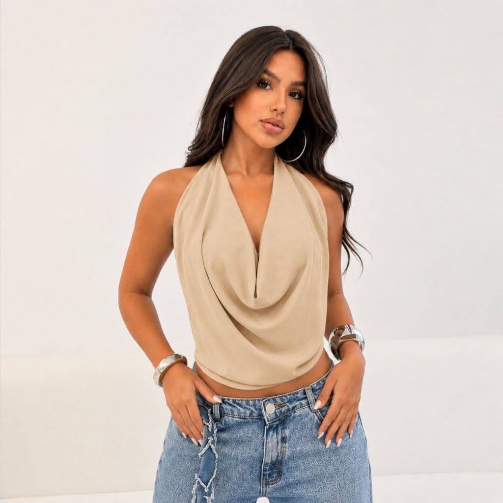 Blusa Cropped Feminina Gola Boba Drapeado Costas Nuas