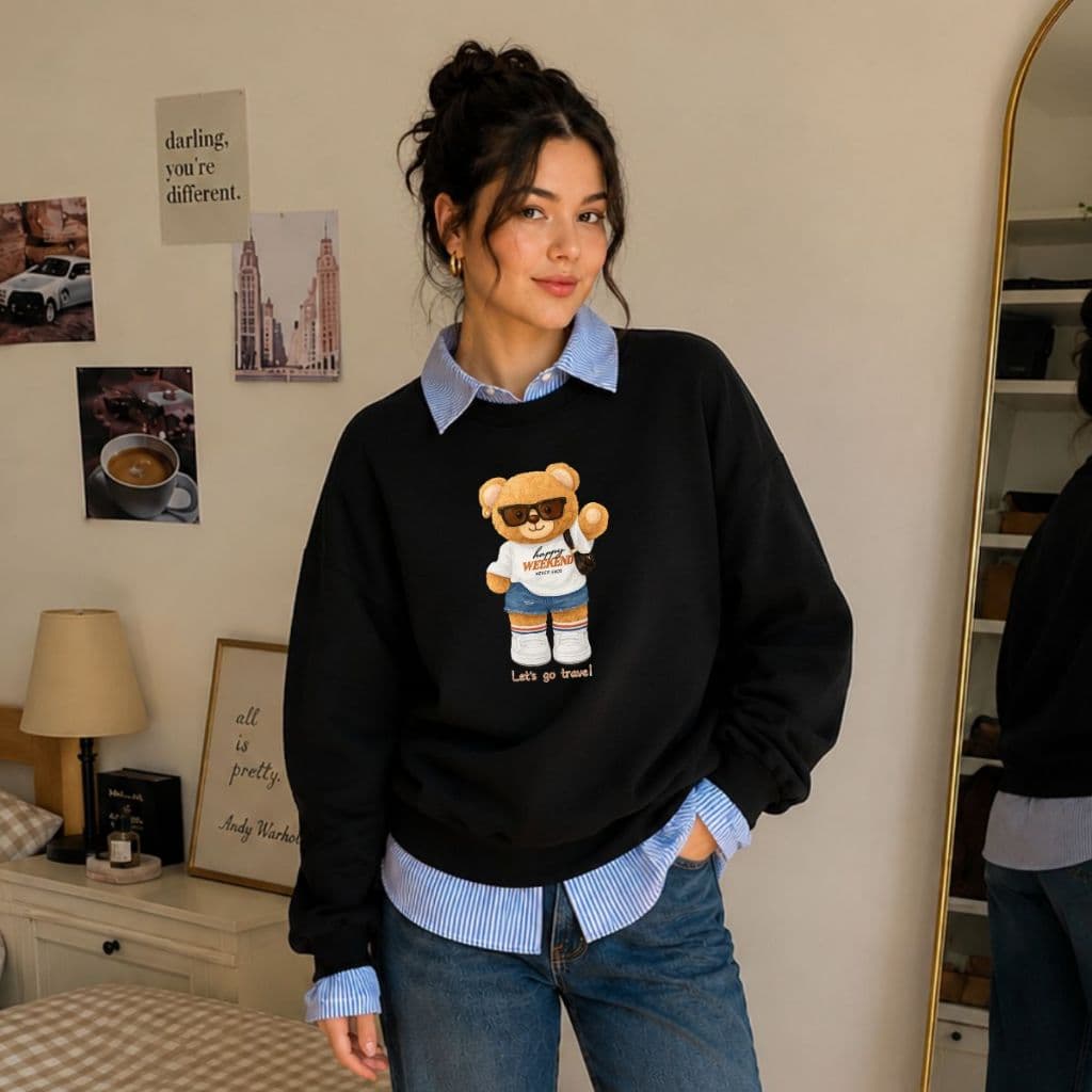 Blusa de Frio Moletom Algodão Feminino Gola Redonda Bear Blusão Tendência Casaco Urso Blogueira