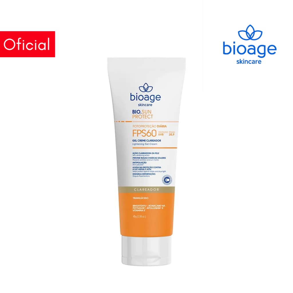 Bioage Protetor Solar Facial Gel-Creme Clareador FPS 60 Translúcido Previne Rugas 45g