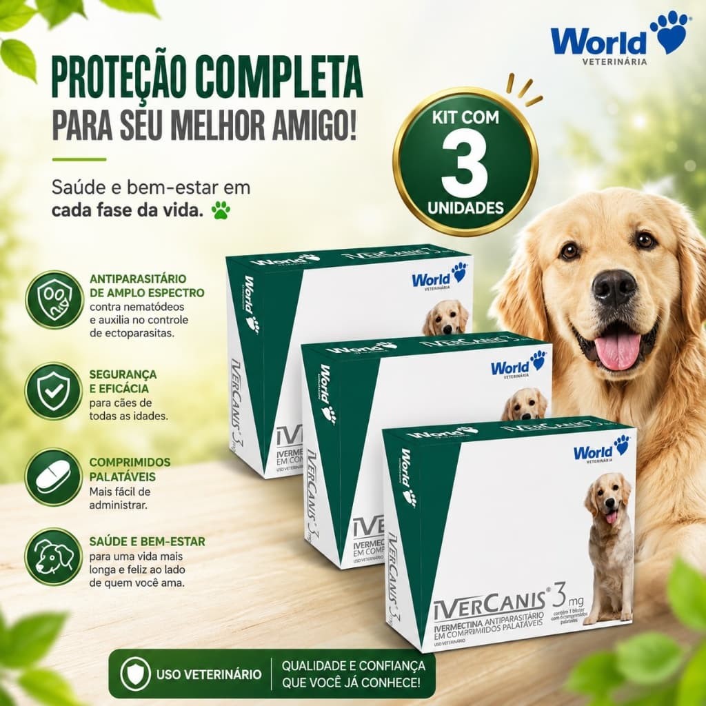 Kit 3 IverCanis 3mg Remedio Para Pulgas, Carrapatos, Sarna para Cães de 15Kg - Blíster 4 Comprimidos
