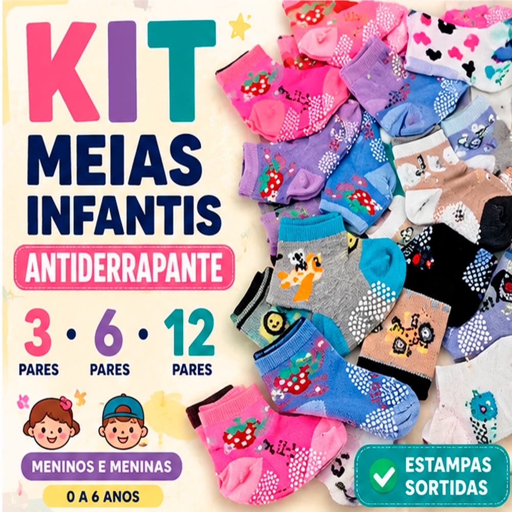 Kit Meia Infantil Bebê Criança 3 6 12 Pares Menino Menina Antiderrapante