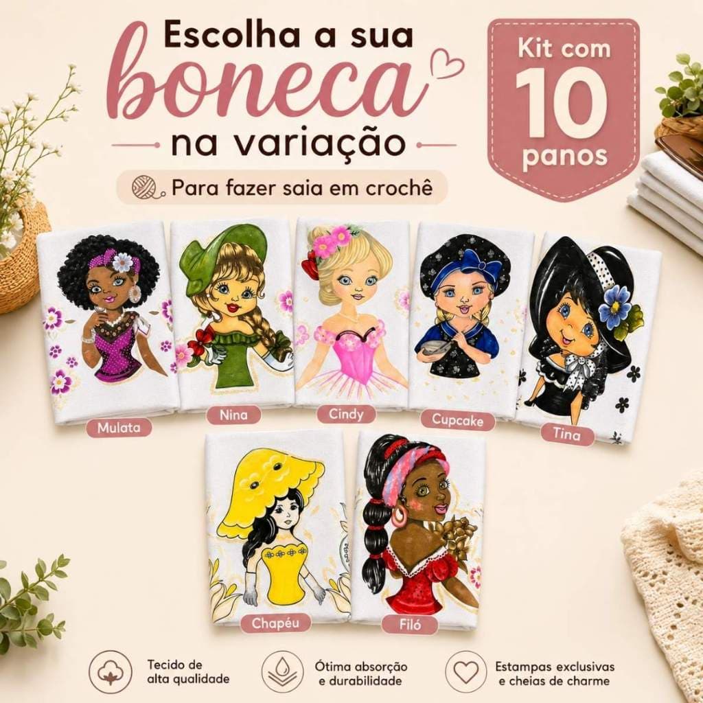 Kit 10 Pano de Prato Boneca Artesã 70x45 Grande 100% Algodão Branco Para Crochê e Pintura
