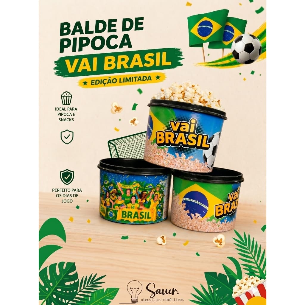 Kit Balde de Pipoca Copa do Mundo 2026 Torcida Premium Plástico Brasil Seleção Brasileira