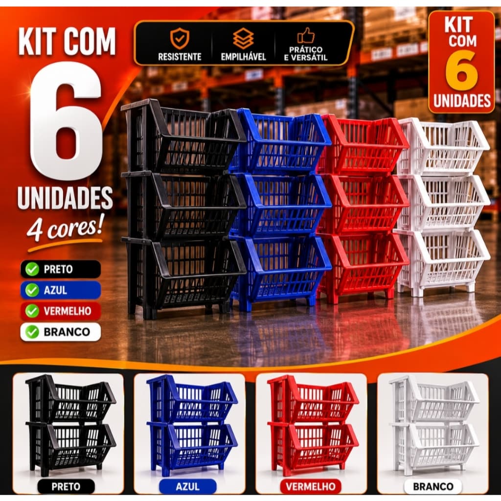 Kit 6 Unidades Cesto Organizador Expositor Empilhável Gondola PRETO AZUL VERMELHO E BRANCO