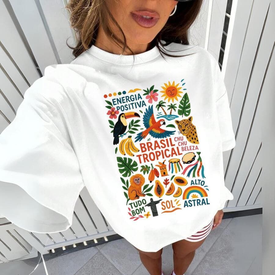 Blusa camiseta tshirt 100% algodão gola redonda estampa primavera verão tendencia em moda feminina inspiração