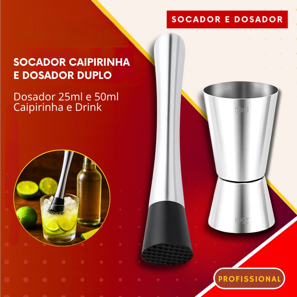 Socador de Caipirinha, Dosador Duplo Inox Macerador Drinks Bebidas Bar Restaurante