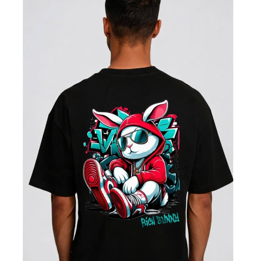 Camiseta Masculina 100% Algodão Rich Bunny Letra Frontal Confortável Frente Costa Alta Qualidade
