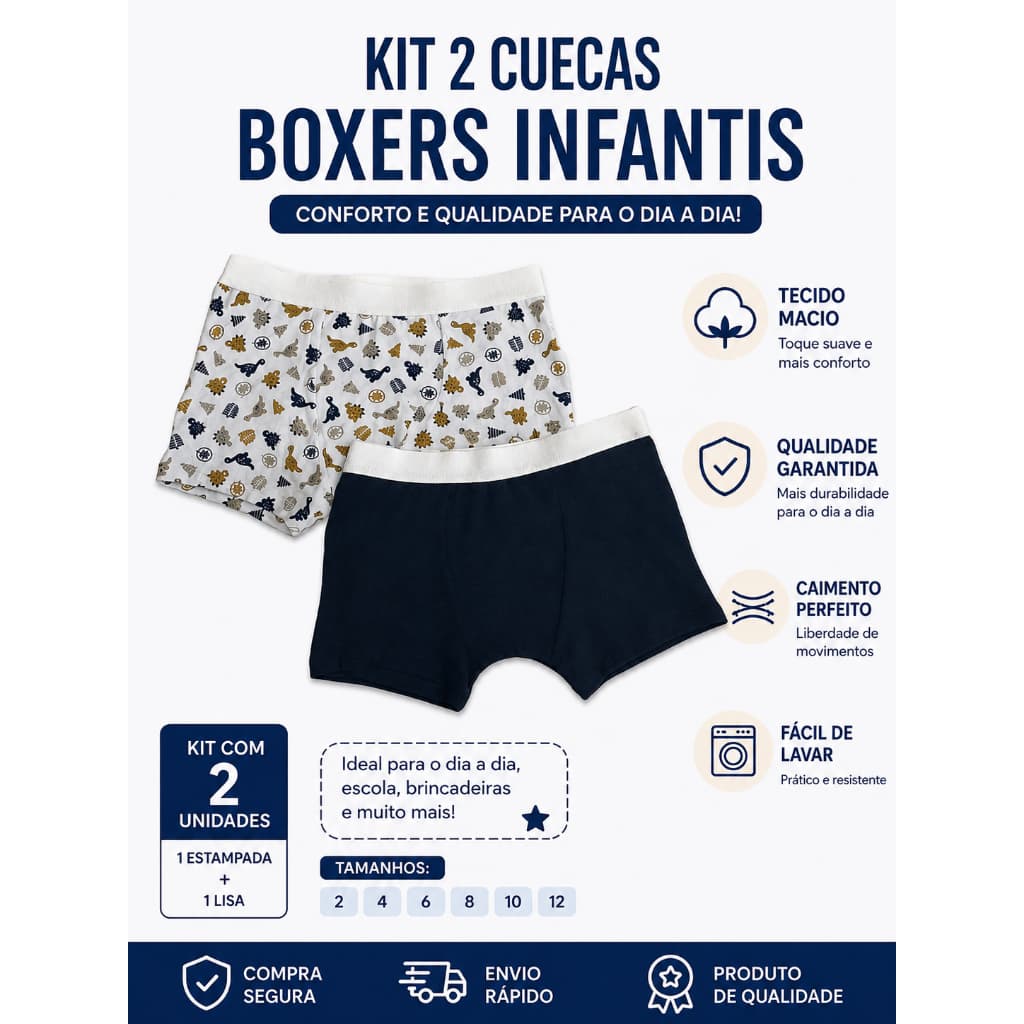 Kit 2 Cuecas Boxer Infantil Menino Algodão Premium com Forro Duplo Confortável