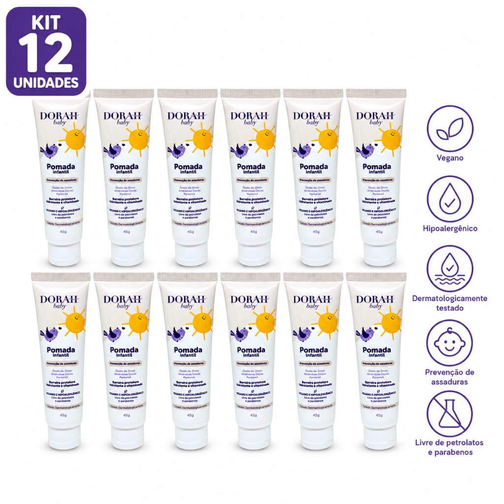 12x Pomada Infantil Dorah Baby 45g Assaduras Óxido de Zinco Pantenol