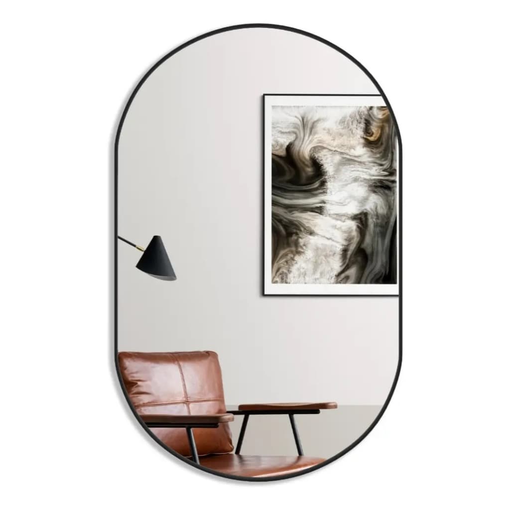 Espelho Oval Decorativo 30x33cm Com Borda  + Suporte Moldura Preto