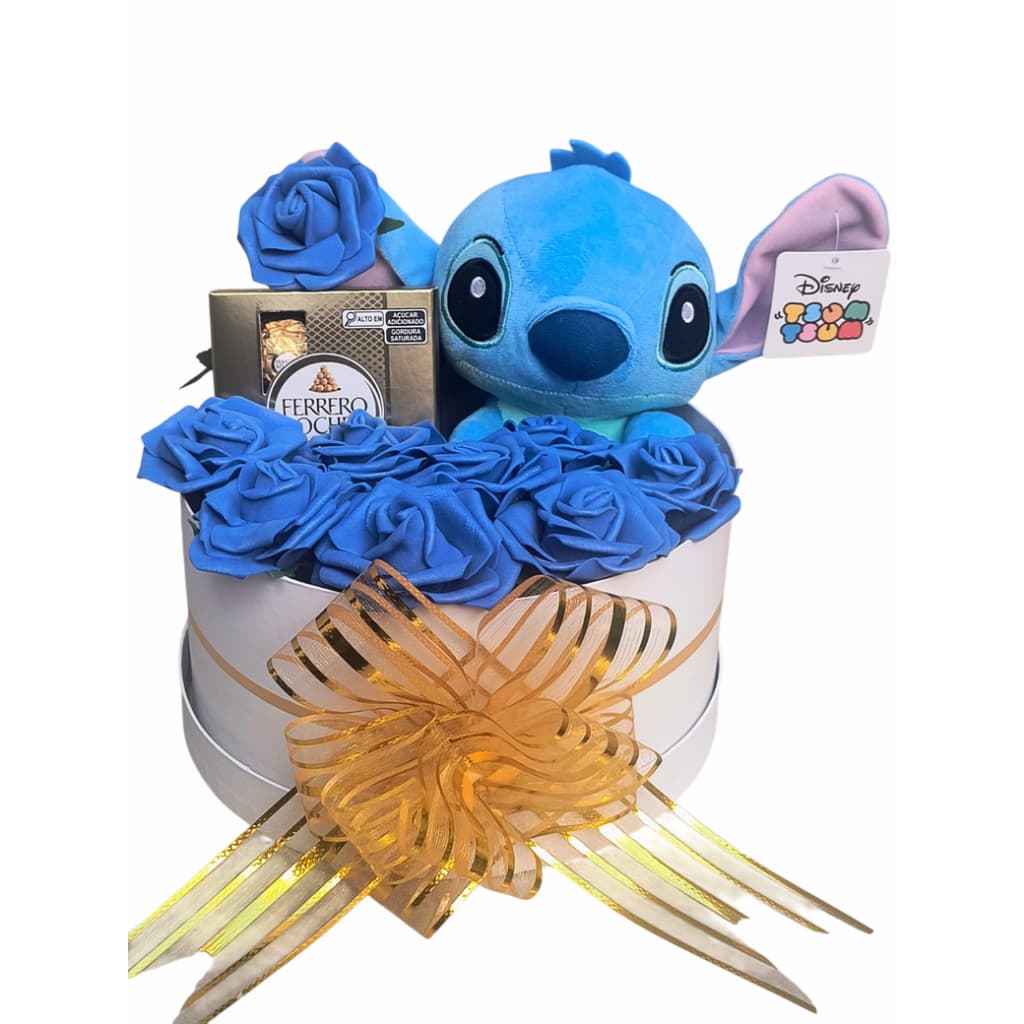Buque na caixa Pelúcia Stitch Ferrero Rocher flores artificiais namoro presente