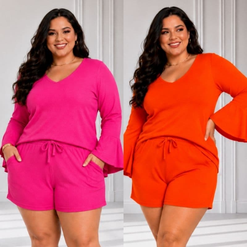 Conjunto Feminino Plus Size Blusa e Short Moda Tendência Tam único 46 ao 50