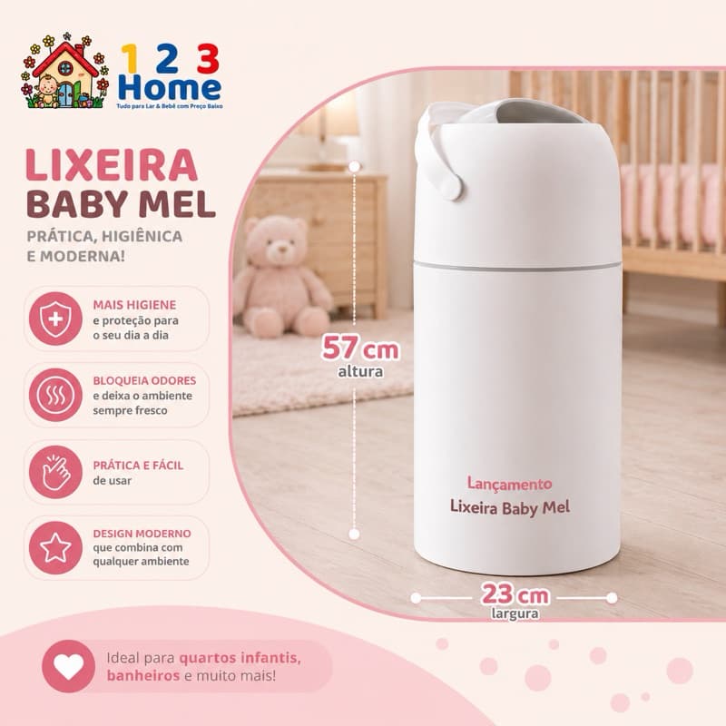 Lixeira Antiodor Baby Mel Multiuso – Quarto de Bebê, Banheiro, Cozinha, Consultórios e Ambientes Pet