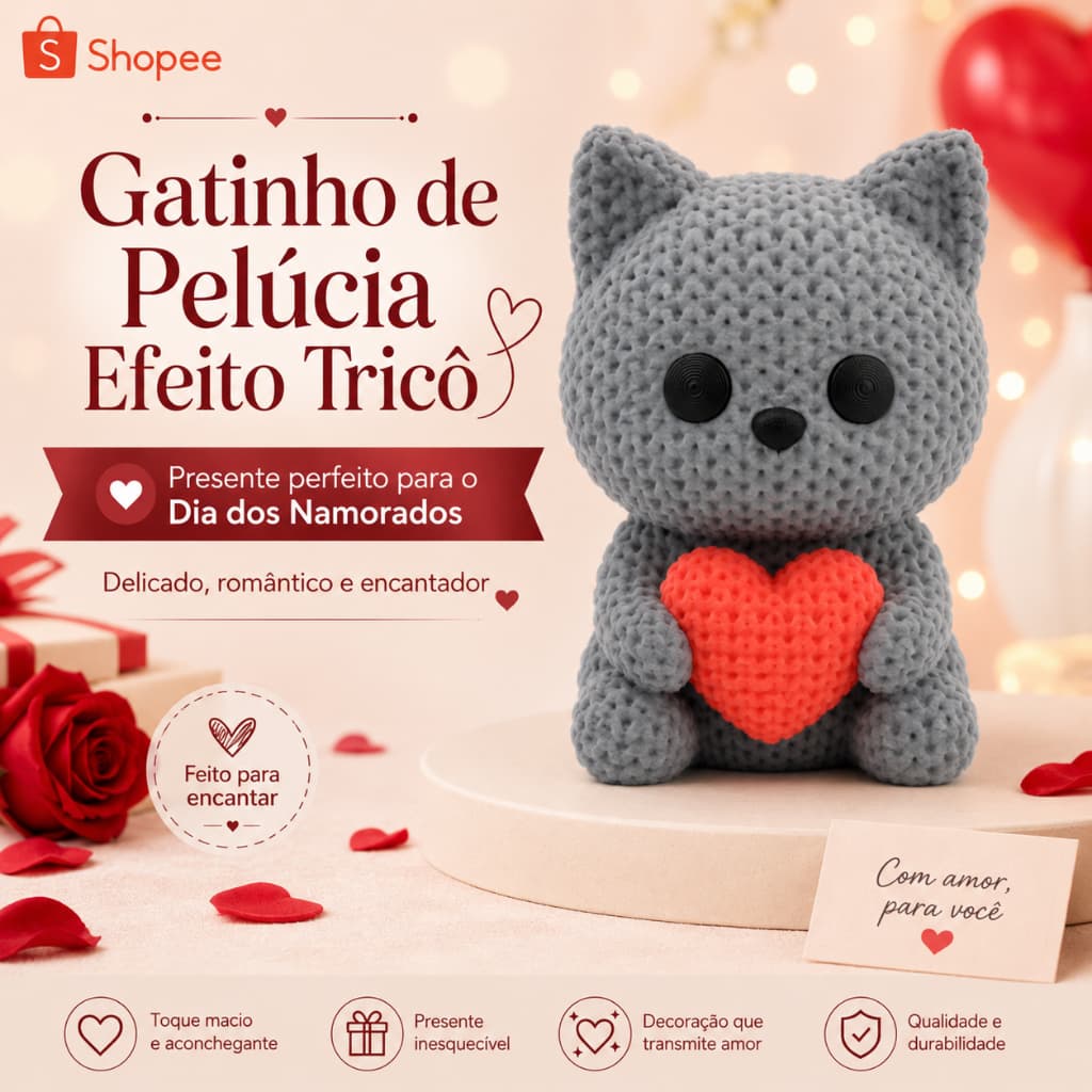 Gatinho 3D Efeito Tricô com Coração Lembrancinha Dia dos Namorados Presente