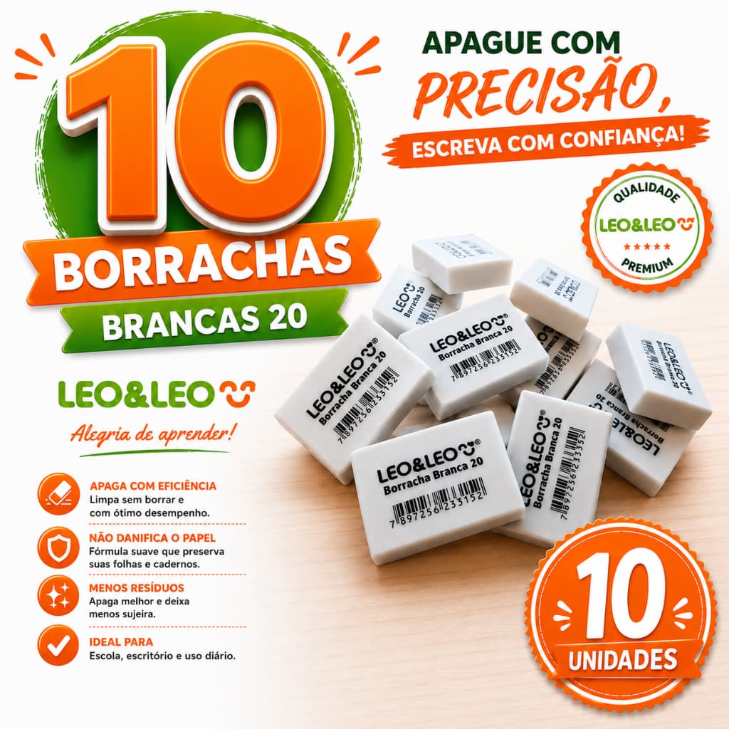 10 Borrachas Brancas Tamanho 20 Leo e Leo Livre de PVC Desenho Estudos Correção Escola Escritório