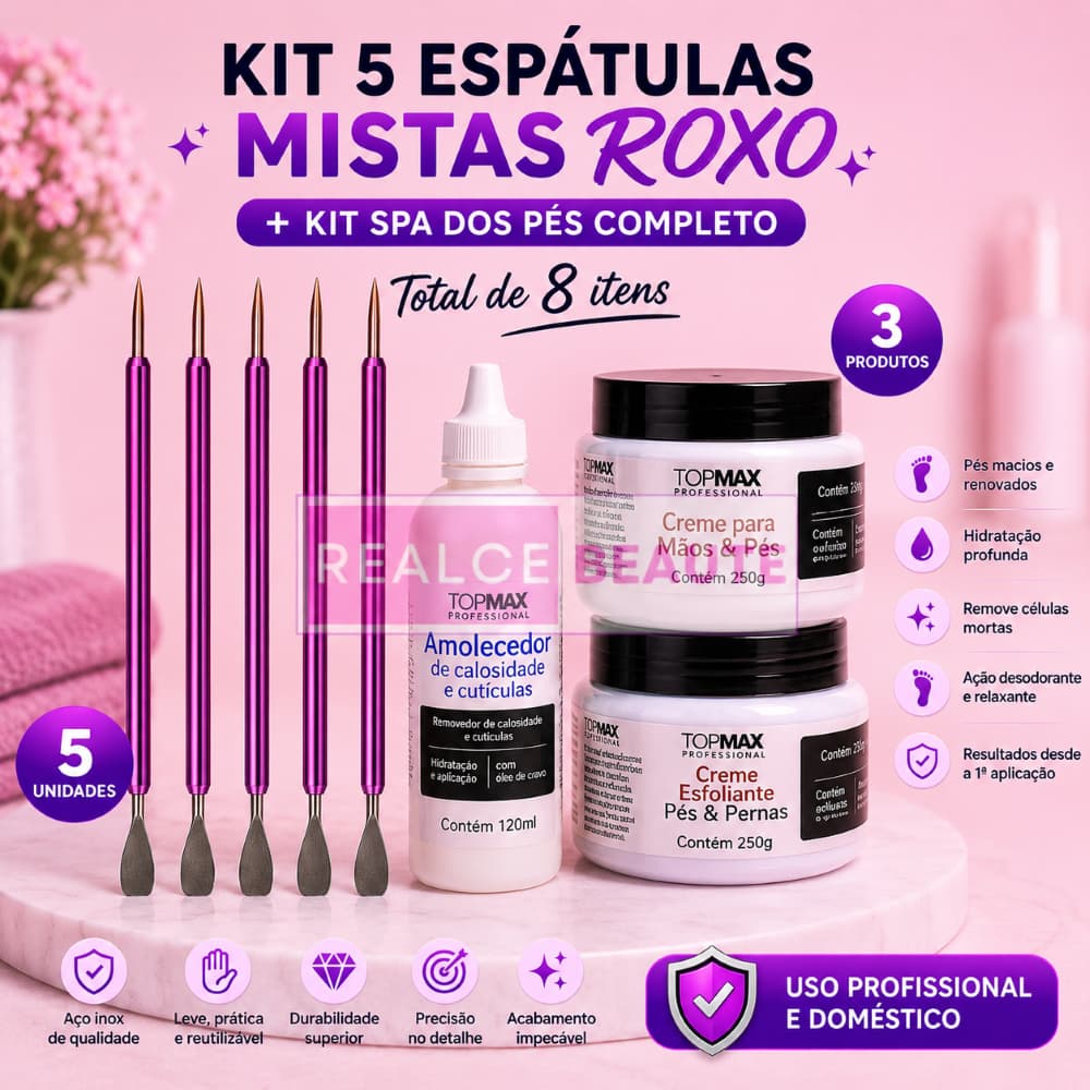 KIT 5 Espatulas Mistas ROXO + Kit SPA dos pés completo Total de 8 itens