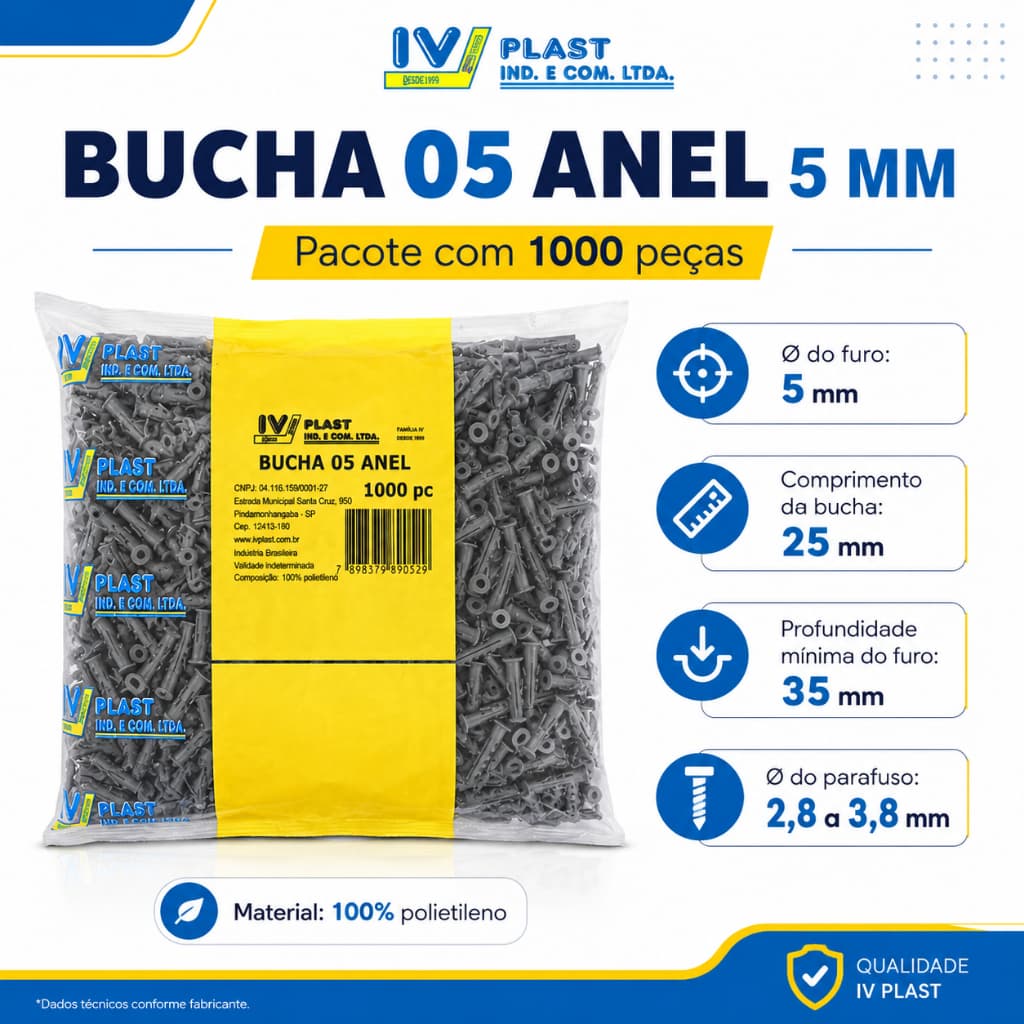 KIt Pacote 1000 Bucha Aba 05MM Anel Fixação Tijolo Armários Prateleiras Quadros Acessórios Banheiro