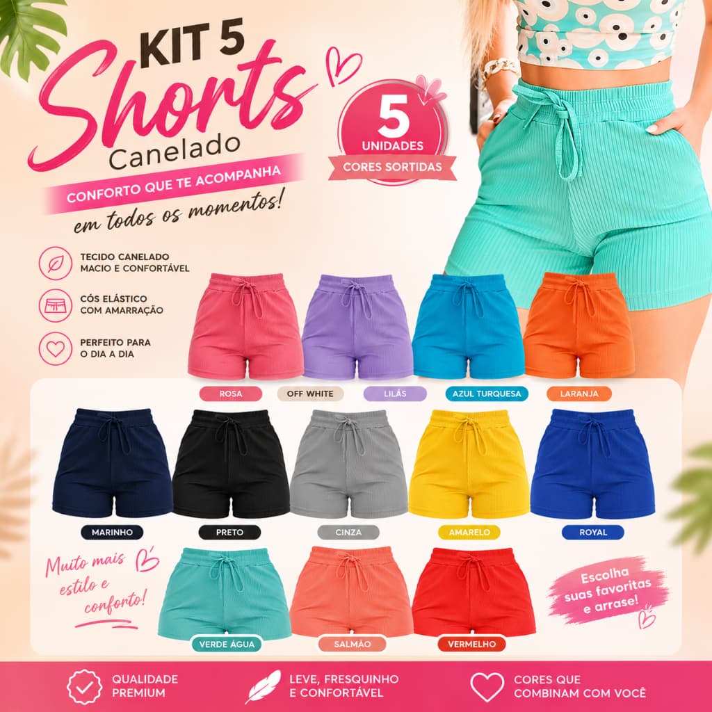 Kit 5 Short Feminino Curto Soltinho Malha Canelada Básico Confortável