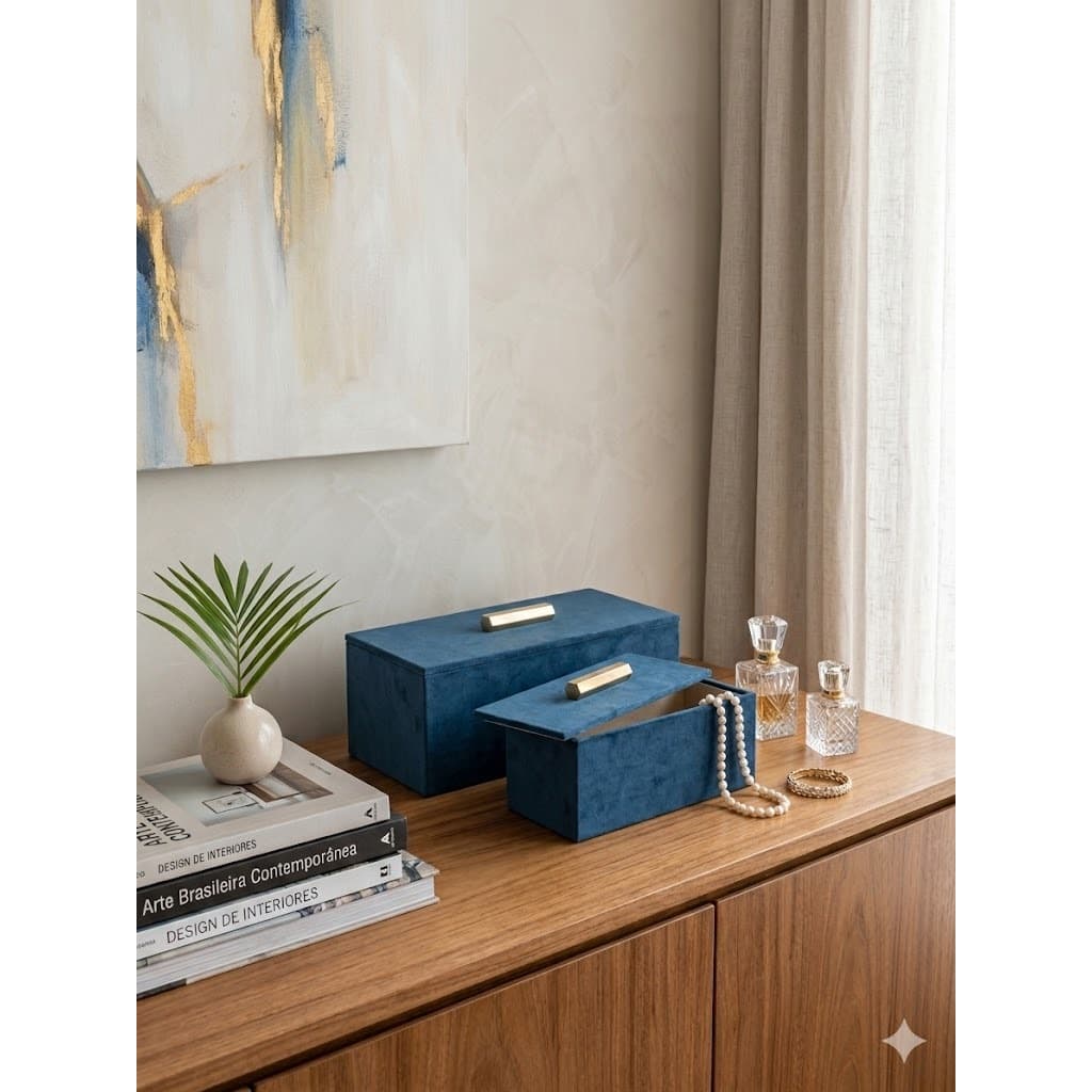 Kit 2 Caixas Decorativas Aveludadas Azul Marinho com Puxador Dourado Premium