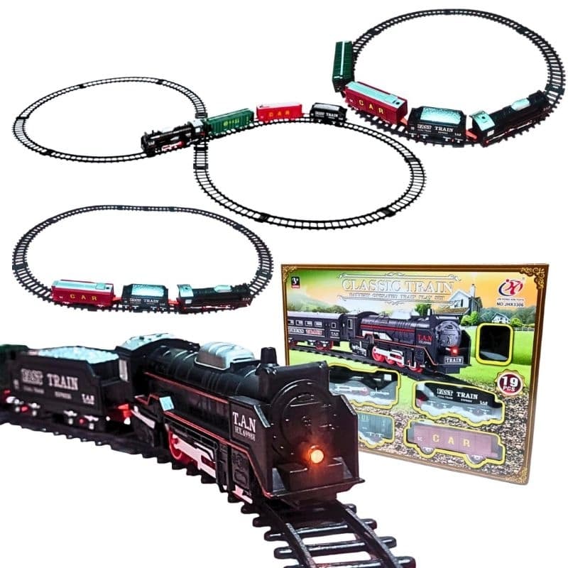 Trem Elétrico Infantil Com Trilhos Locomotiva Com Luz e Vagões Brinquedo Clássico Estilo Ferrorama 19 Peças