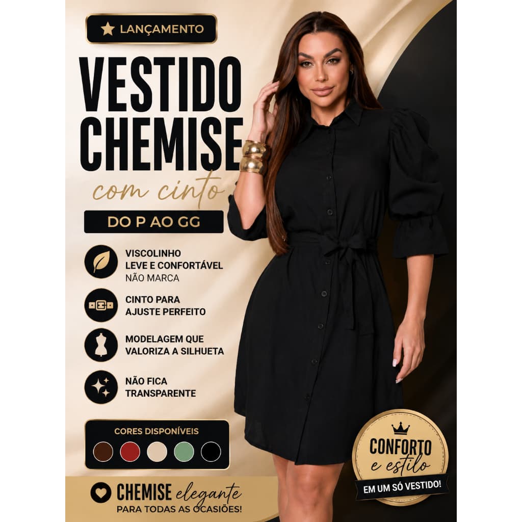 Vestido Chemise Feminino Midi Com Cinto Manga Bufante Viscolinho Elegante Premium P GG