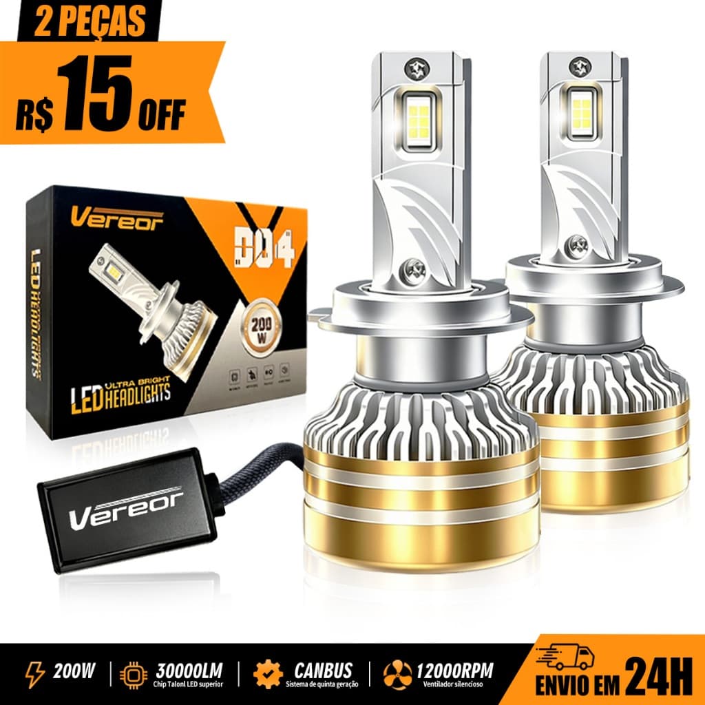 Farol LED D04 200W 30000LM Super Branca 6000K Instalação Fácil H1 H3 H4 H7 H11 9005 9006 Iluminação potente