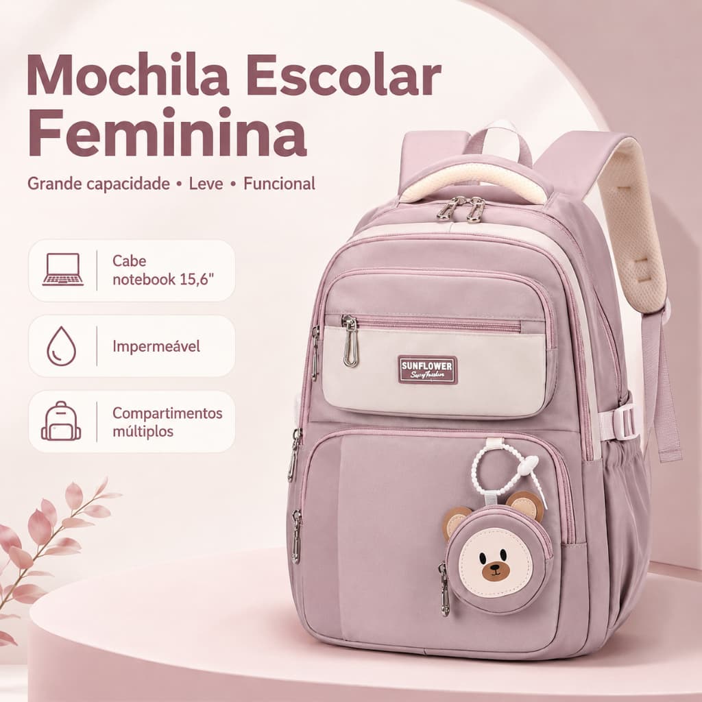 Mochila Escolar Feminina Grande Capacidade Notebook 15.6 Impermeável Faculdade Viagem Rosa