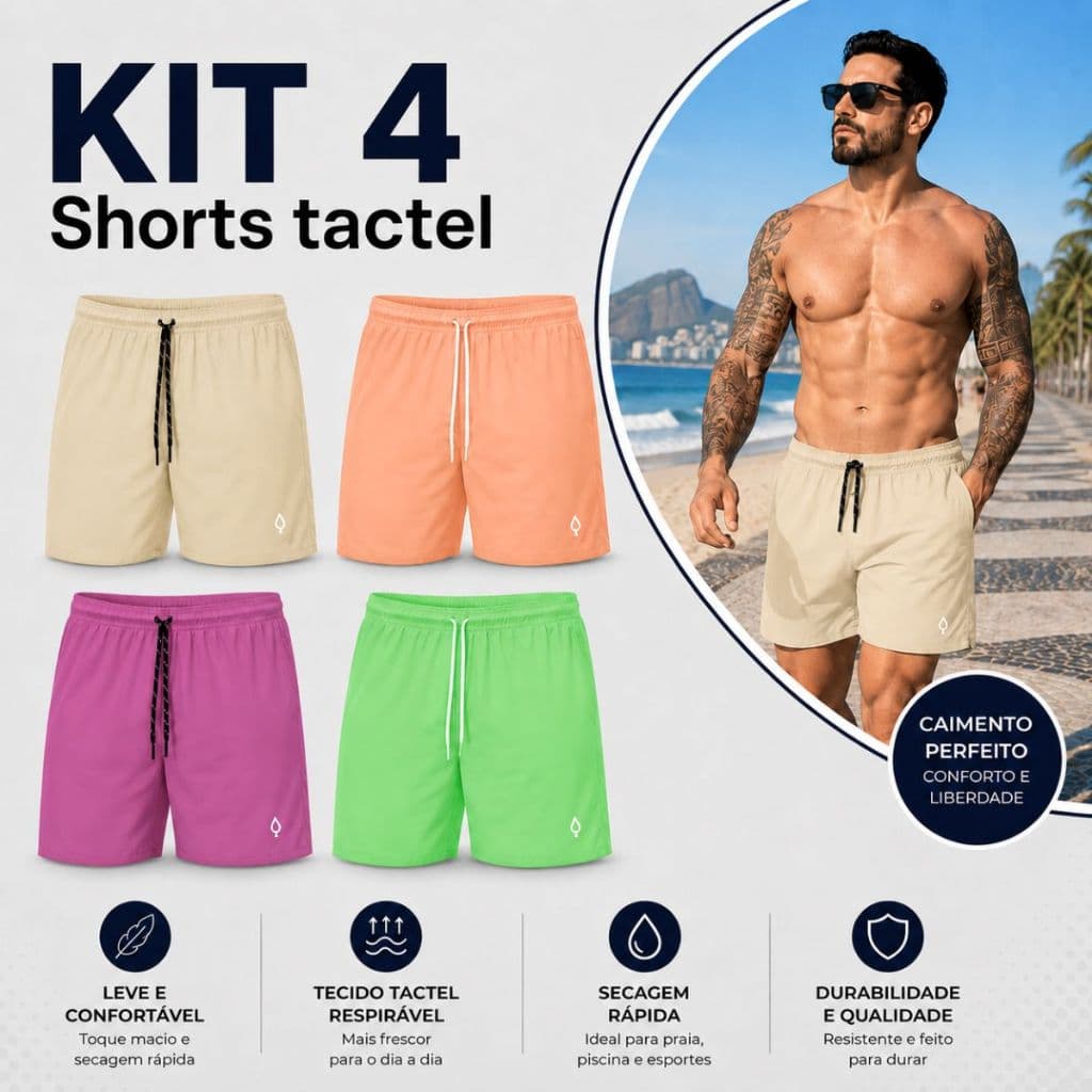 Kit 4 Shorts Bermudas Liso Lisa Masculino Tactel elastano Básico Academia Treino Praia com 2 bolsos
