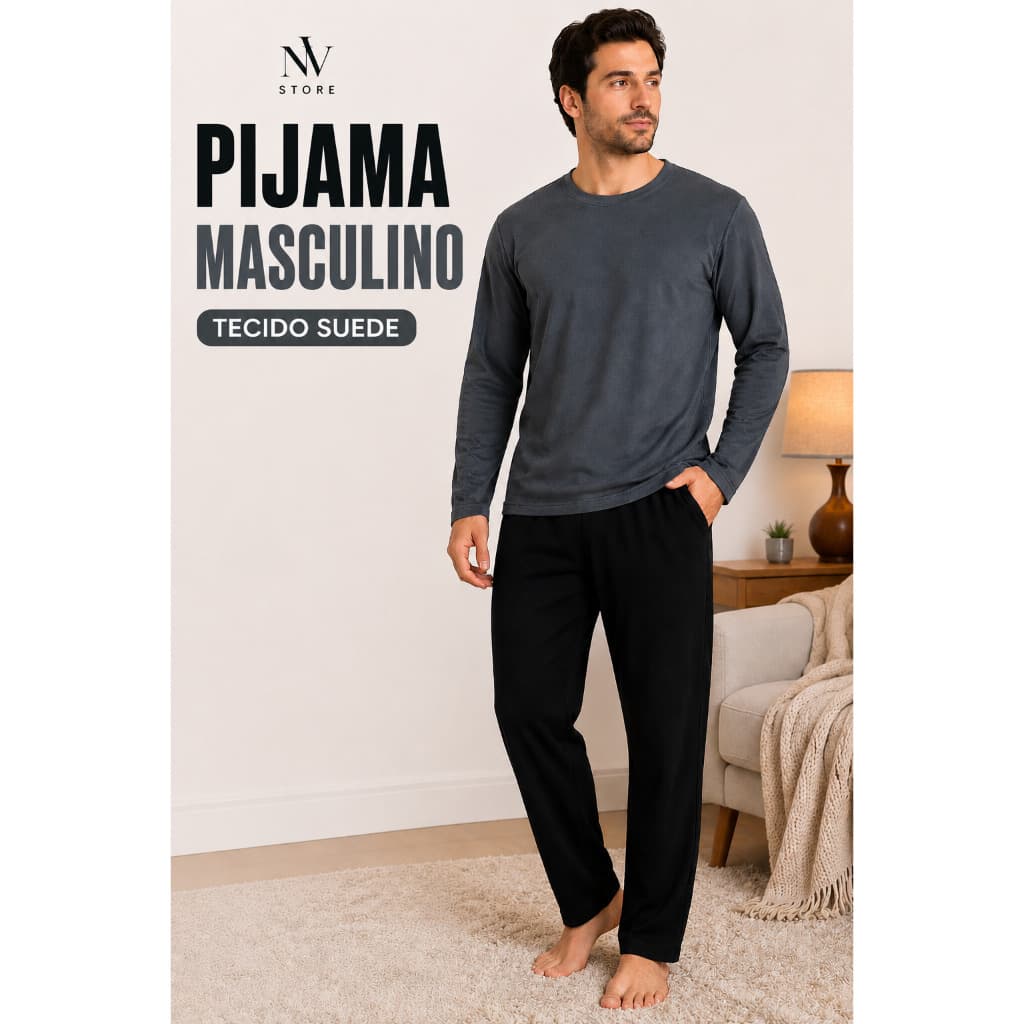 Conjunto Pijama Masculino Adulto Tecido Suede Camisa Longa Cinza Calça Preta Inverno Dormir -Noite -
