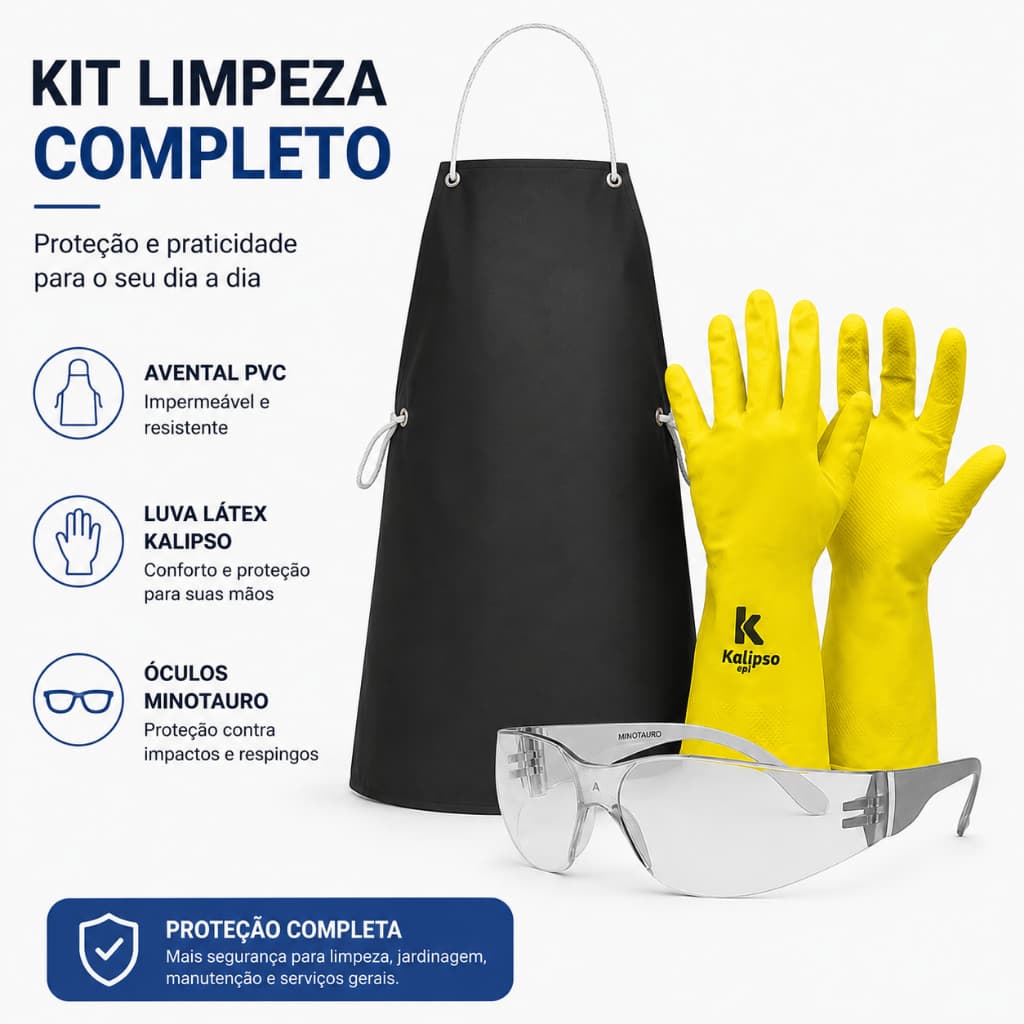 Kit Limpeza Profissional Avental PVC, Luva Latex e Óculos Segurança